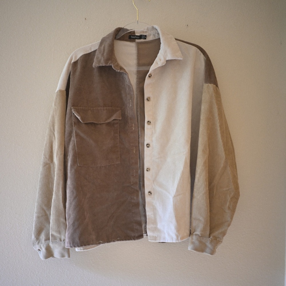 Boohoo Colorblock Corduroy Overshift Jacket Brown Cream Taupe US 4